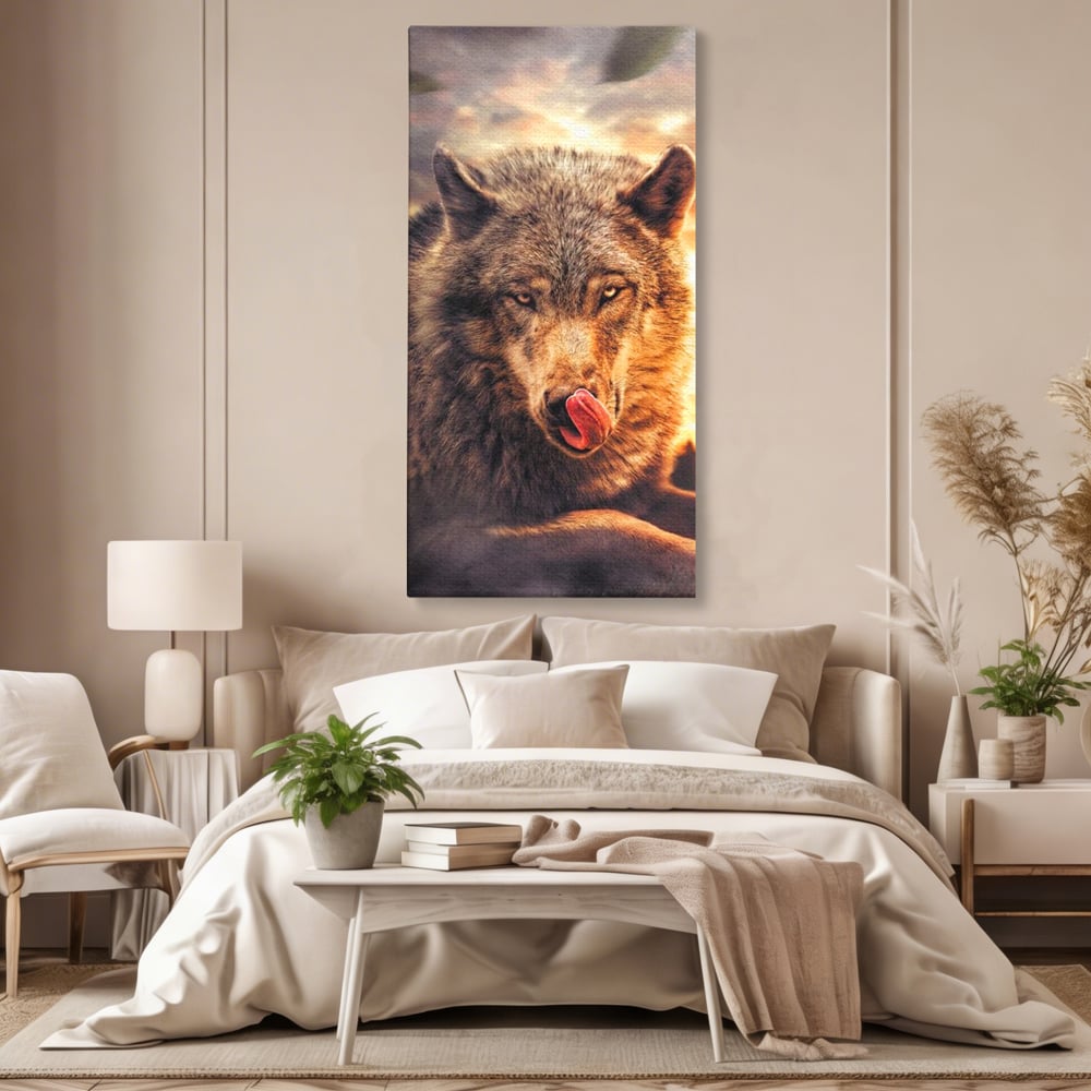 Tablou canvas cu tablou canvas cu lup salbatic la apus, fara rama, pe sasiu de lemn, pe perete intr-un dormitor